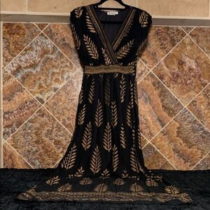 Vintage Lapogee Women's Black Gold Floor Length Botanical Printed Dress Size S